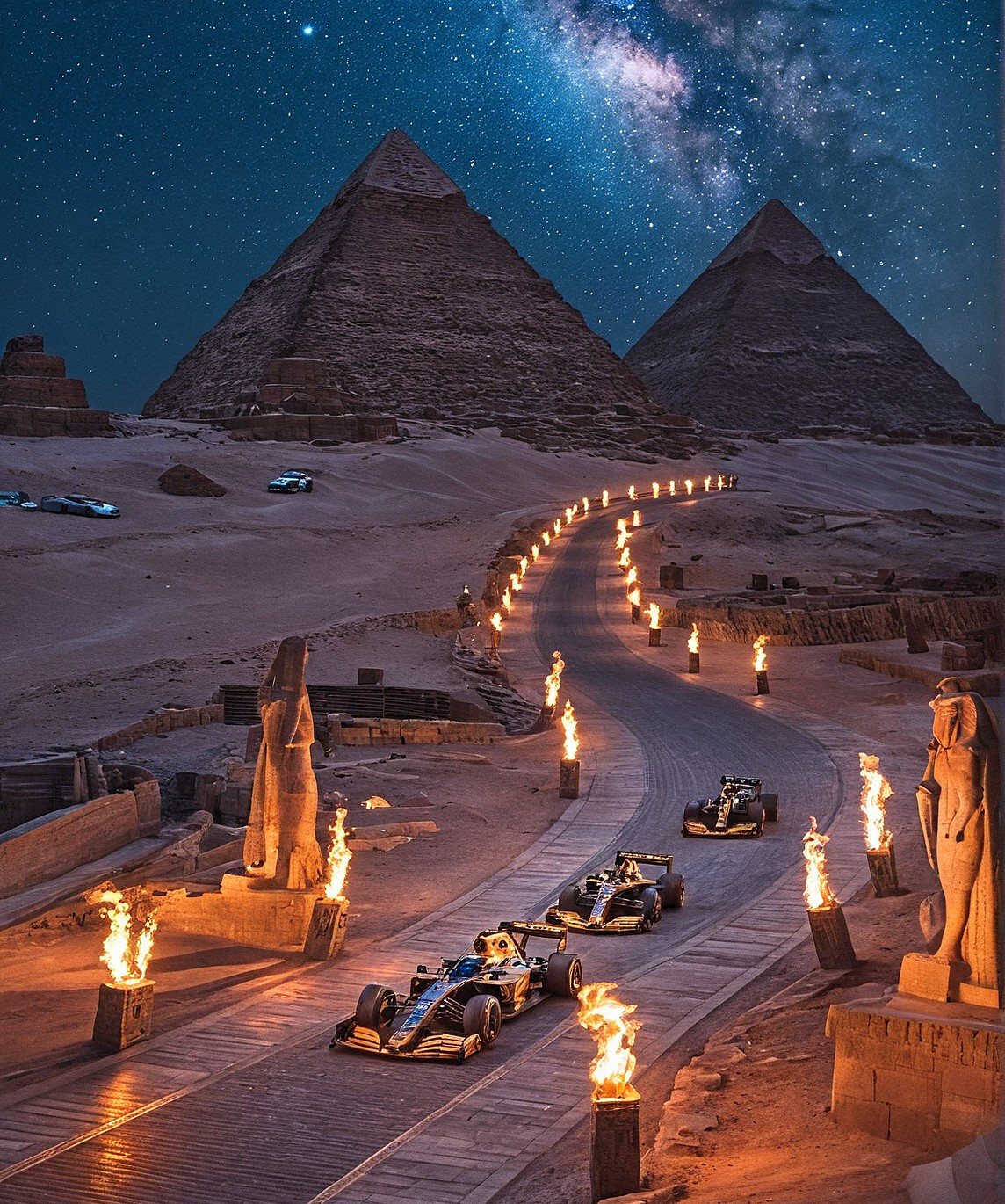 F1 cars racing past pyramids